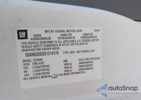 2005 Chevrolet Express из США, поврежденный, VIN 1GAHG35U251210170